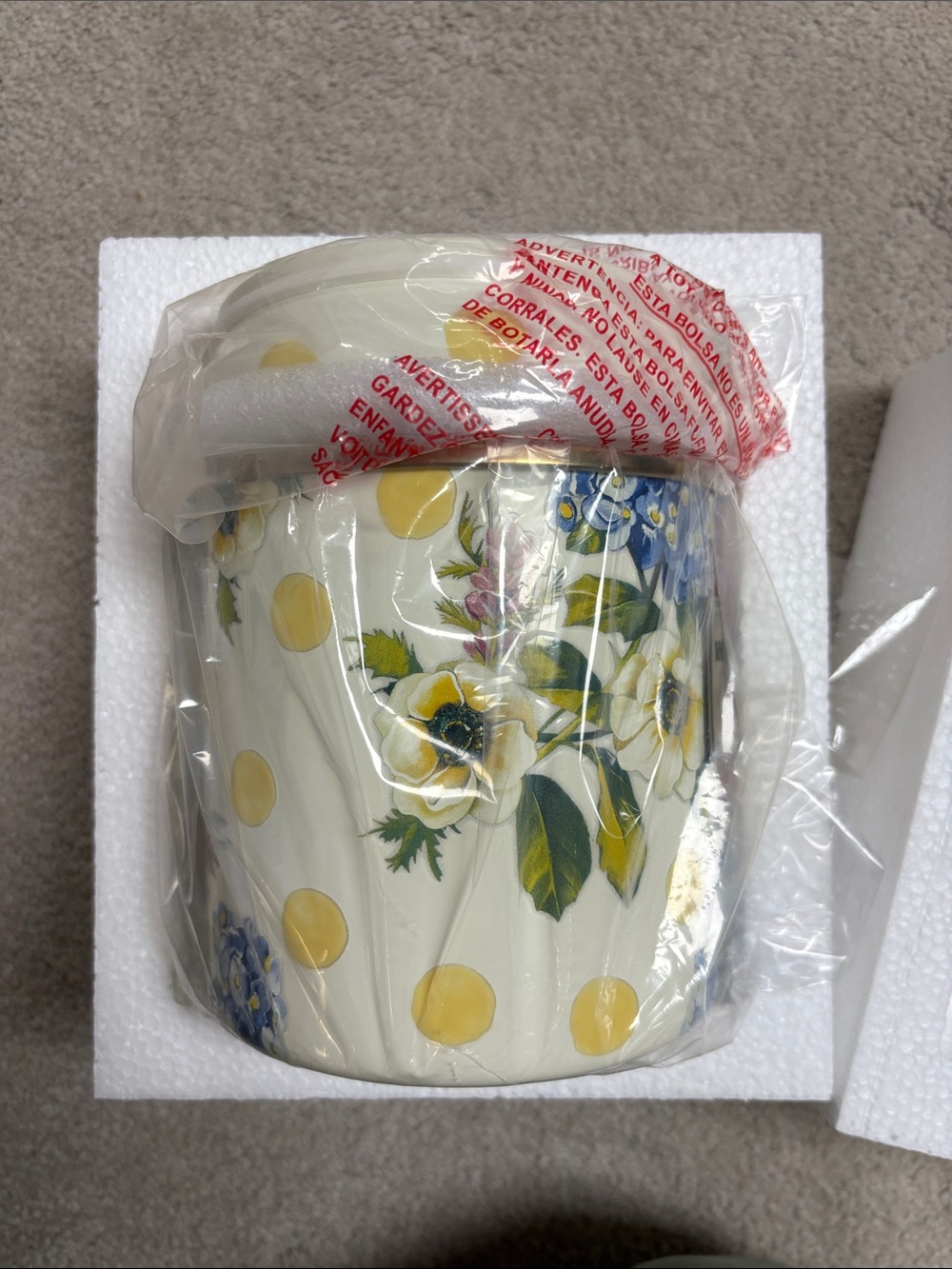MacKenzie-Childs Yellow Polka Dot & Blue Floral Canister with Gold Label - Picture 9 of 11